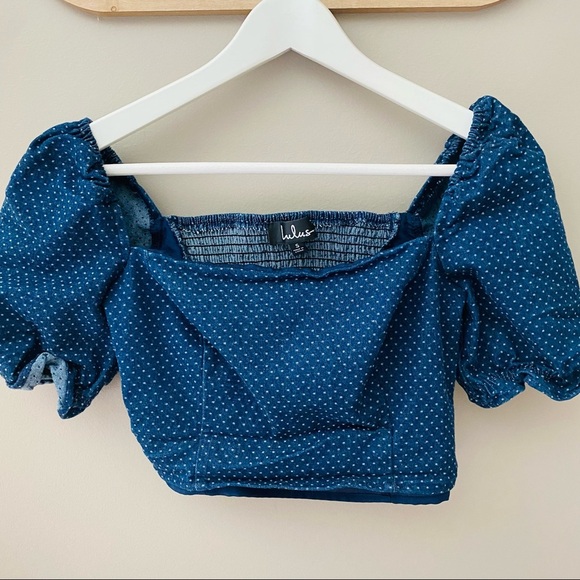Lulu's Polkadot Denim Crop Top Blue Sz Small - Picture 2 of 7